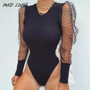 

Polka Dot Puff Sleeve Bodysuit Women Rompers Long Sleeve Lace Insert Elegant One Piece Overalls Bodysuit
