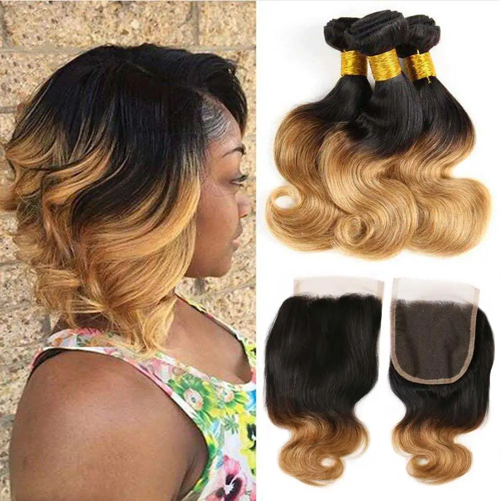 

Short 4x4 Ombre Body Wave Bundles With 6x6 HD Transparent Closure And Remy Brazilian Human Hair Weave 3 4 Bundles With Closure
