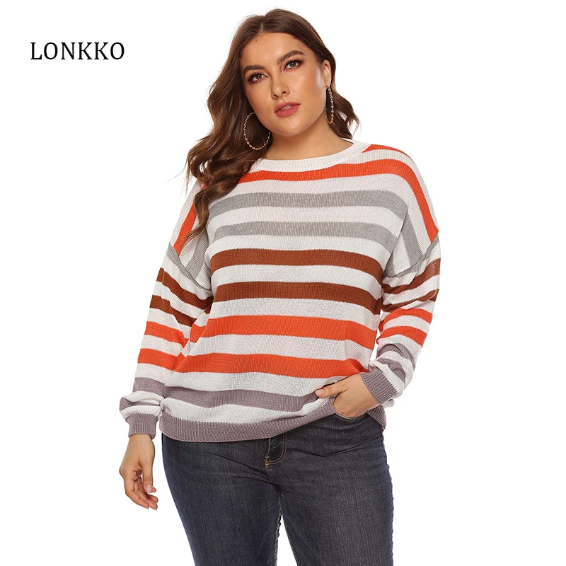 

Fashion Plus Size Ladies Full Sleeve Women Striped Knitting Sweater O-Neck Pullover Loose Sweater Color Mixing Pullovers S-XXL