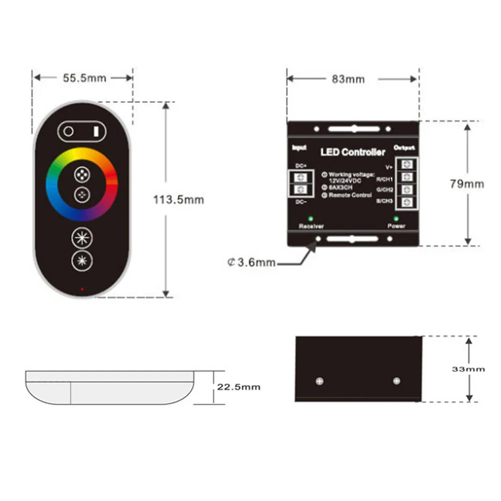 DC12V-24V светодиодный контроллер 6Ax3channel 18A RF беспроводной сенсорный RGB контроллер переключатель сенсорной панели для светодиодной ленты