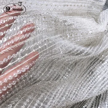 

Silver White Stripes Luxury Beaded Sequin Wedding Dress Advanced Custom-made Sewing Fabric RS2889