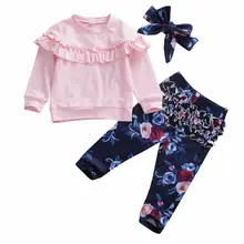 Наборы детской одежды для маленьких девочек от 0 до 24 месяцев топы с длинными рукавами и оборками+ штаны с цветочным принтом+ повязка на голову, костюмы из трех предметов