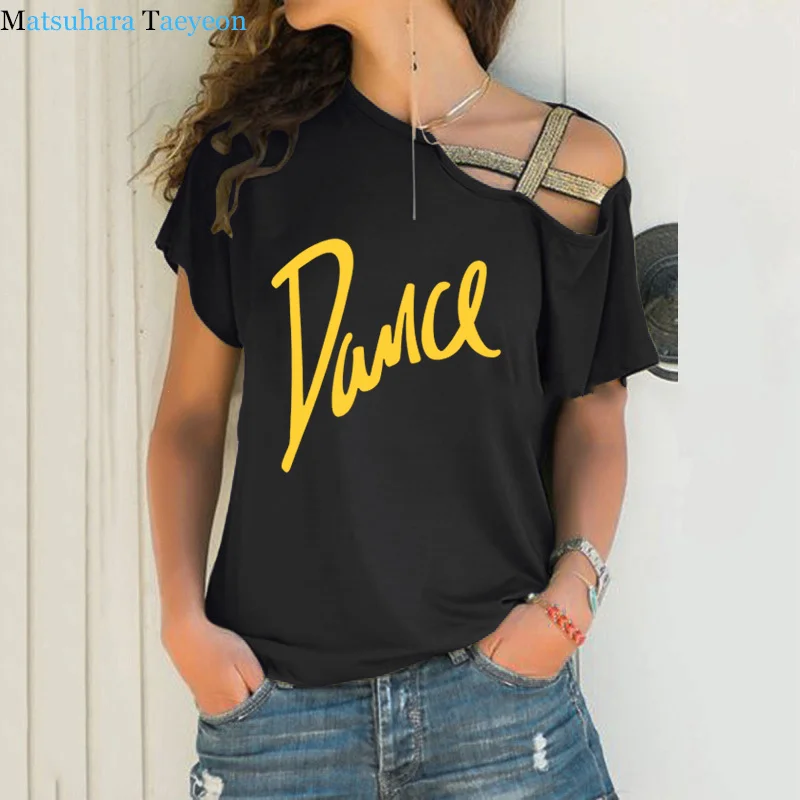 

Letter Dance Women T-shirt Loose Slash Neck T Shirt Ladies Casual Tshirt Summer Casual Irregular Skew Cross Bandage Tops Tee