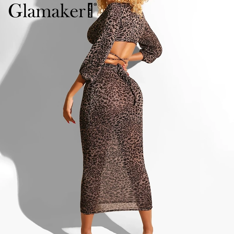 Glamaker, сексуальное леопардовое облегающее платье миди, женское осеннее платье из двух частей, зимнее платье с v-образным вырезом, элегантные вечерние размера плюс, платье