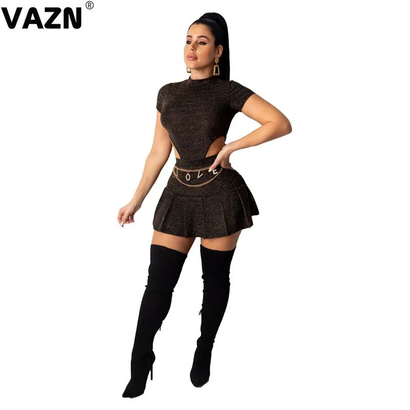 VAZN Hot List Young Hollow Out Sexy Club Unusual Untidy Solid 1 Piece Bodysuits 1 Piece A-Line Mini Skirts Women 2 Piece Set