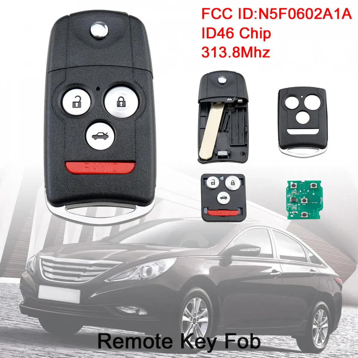 

313.8Mhz 3+1 Buttons Car Remote Keyless Flip Key Fob with ID46 Chip fit for 2007 2008 2009 2010 2011 2012 2013 Acura MDX / RDX