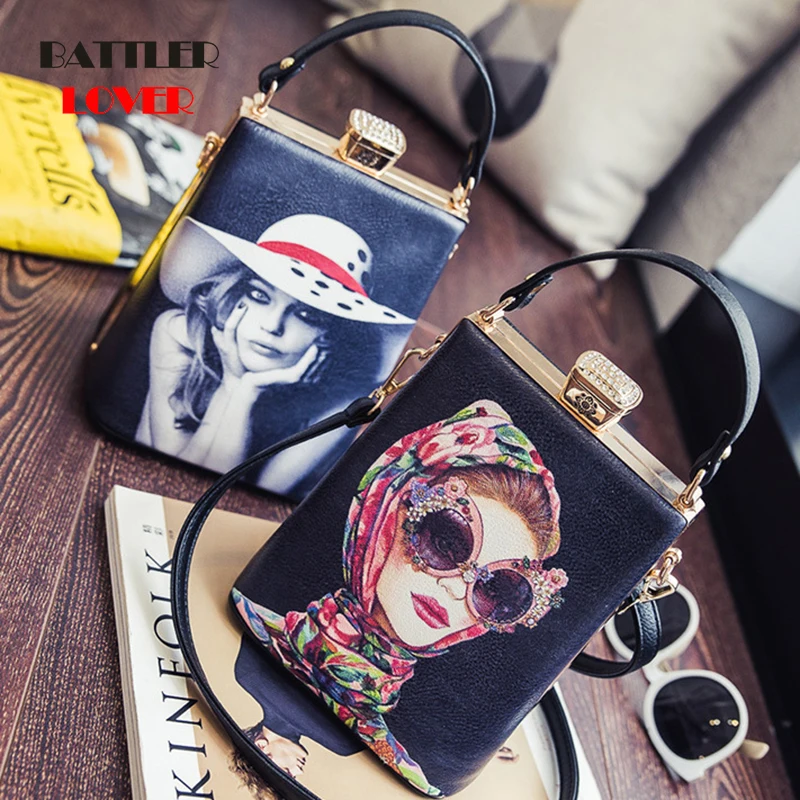 Vintage cartoon character pattern box leather ladies shoulder bag women casual totes handbag crossbody mini messenger bag purse
