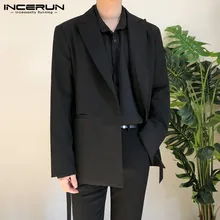 INCERUN chaquetas de traje con botones para hombre, prendas de vestir holgadas con cordones, Color sólido, chaqueta de moda, abrigos de manga larga con cuello de solapa, 5XL, 7