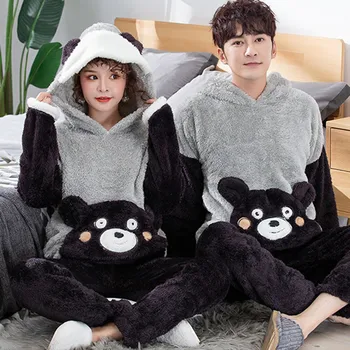 

Laamei Winter Pajamas Set Women Men Korean Style Cute Thicken Coral Fleece Couple Pajamas Set Fluffy Pyjamas Cartoon Home Pijama