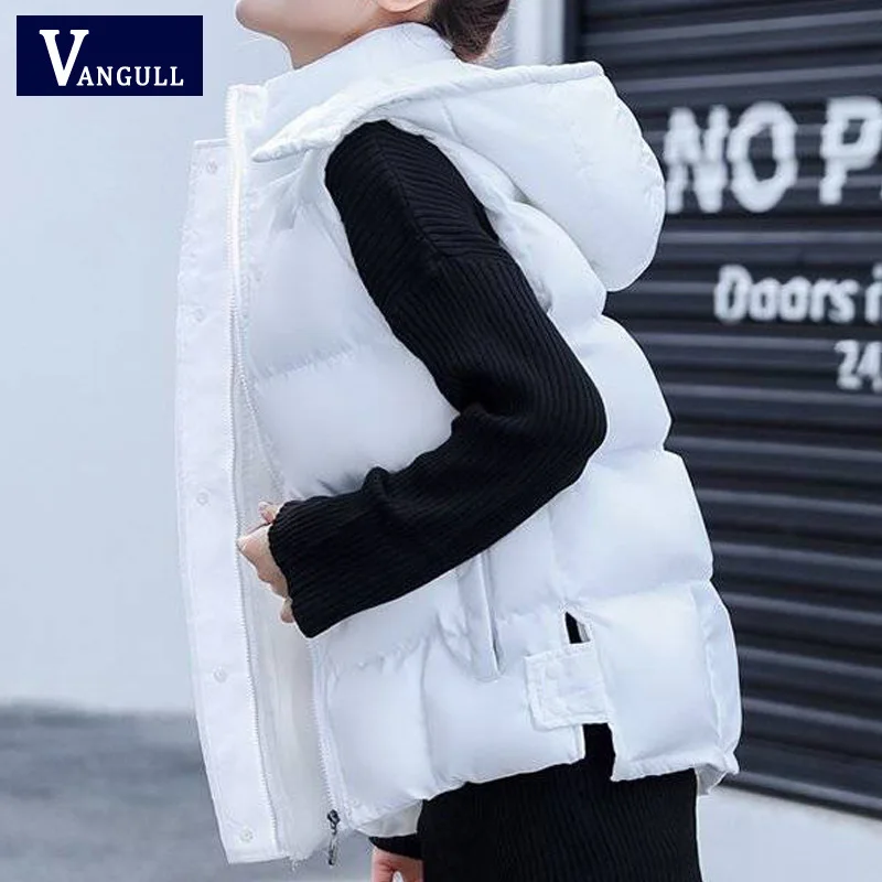 White Vest Vangull женский хлопковый жилет с капюшоном съемный головной убор Повседневный жилет Осень Зима женский теплый плотный жилет без рукавов - Цвет: White Vest