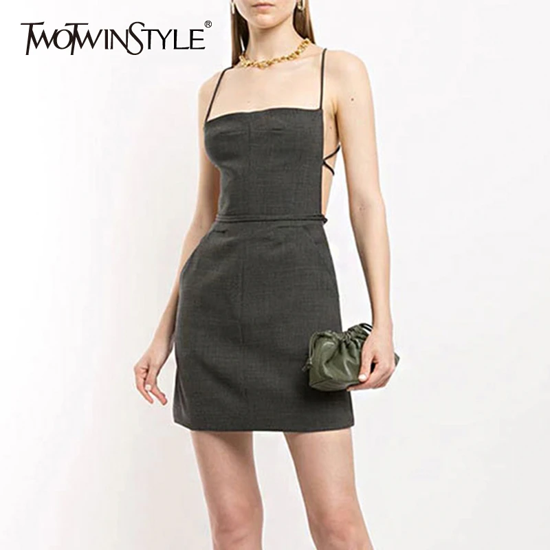 TWOTWINSTYLE Elegant Dresses For Female Square Collar Sleeveless Spaghetti Strap Backless Lace Up Bownot Summer Dress Women Tide TWOTWINSTYLE Elegant Dresses For Female Square Collar Sleeveless Spaghetti Strap Backless Lace Up Bownot Summer Dress Women Tide