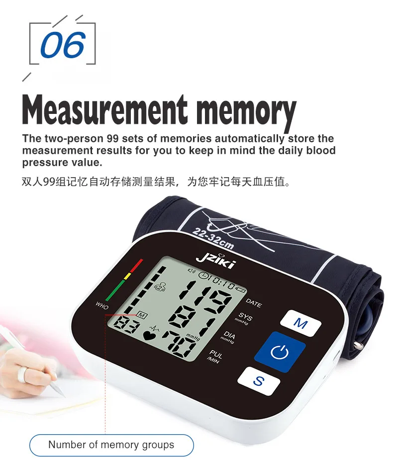 JZIKI Health Arm Automatic Blood Pressure Monitor BP Sphygmomanometer Pressure Meter Tonometer for Measuring Arterial Pressure-17