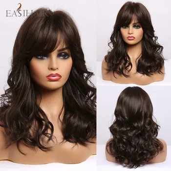 

EASIAHIR Black Dark Brown Medium Water Wave Women Wigs with Bangs Wave Cosplay Heat Resistant Synthetic Hair Wig for Black Women