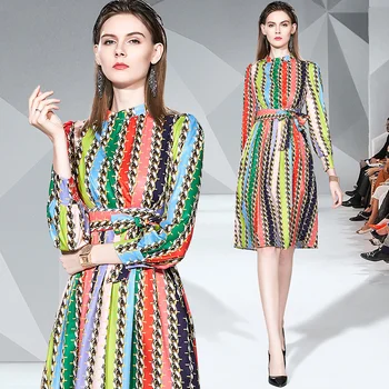

2019 New Style Fall Dress Office Lady Women Dresses Empire Knee-Length Lantern Sleeve Rainbow Striped Vintage Dress Elegant