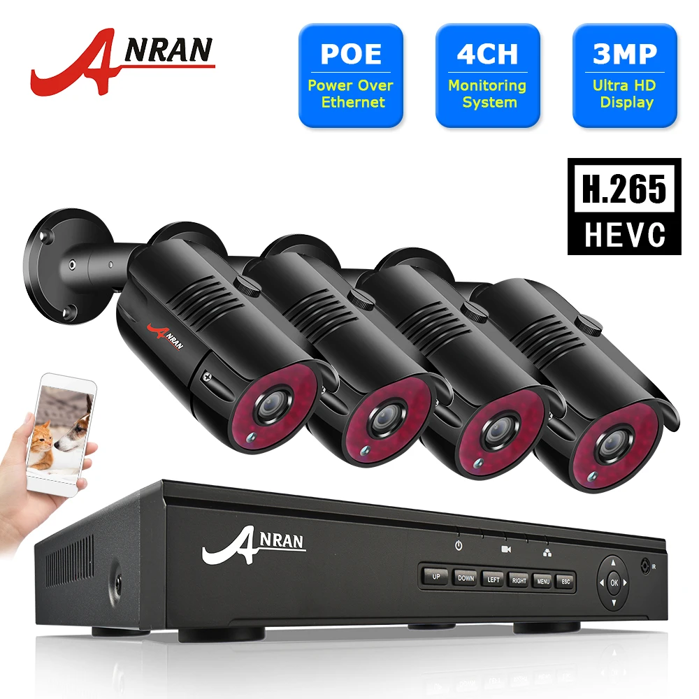 

3MP CCTV System 4CH POE Surveillance System IP Cameras Kits Night Vision Camera Kit Outdoor Video Surveillance System ANRAN