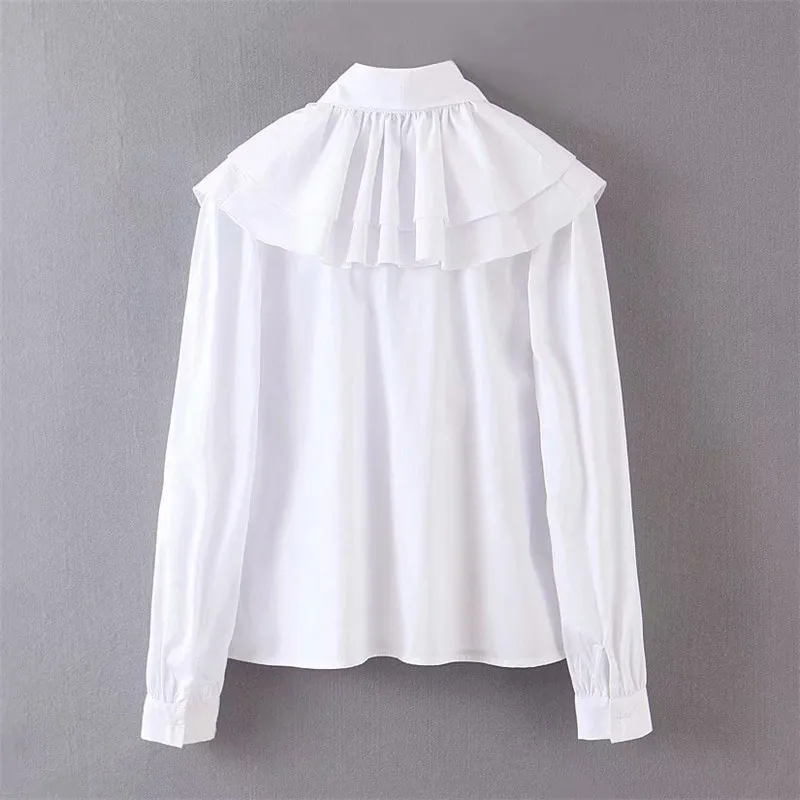 Женская мода галстук-бабочка белая блузка оборки длинный рукав офисная одежда женская рубашка элегантный Топ blusas