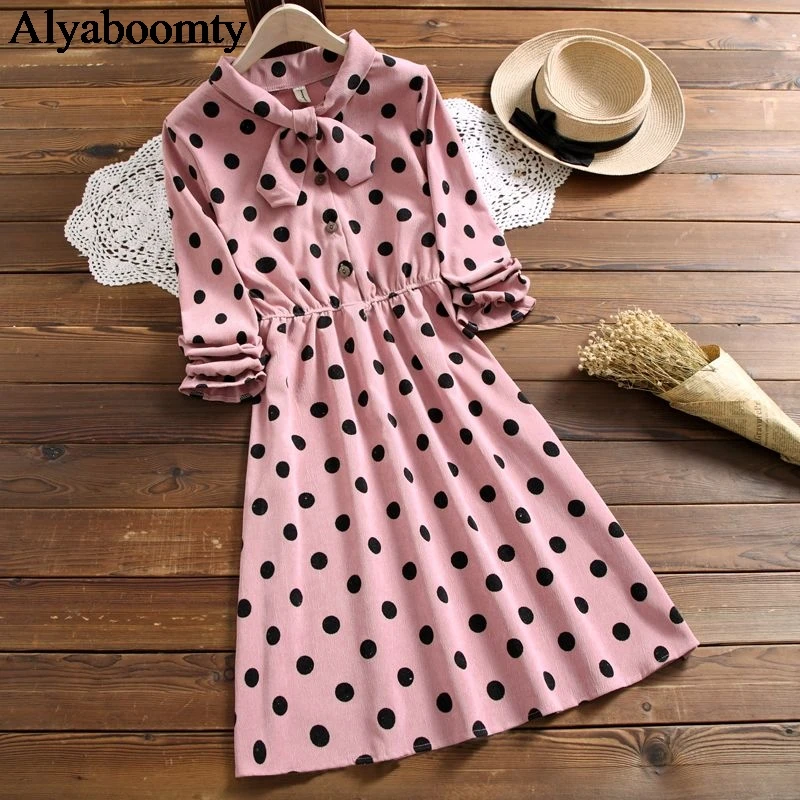 

Japanese Preppy Style Autumn Spring Women Dress Bow Collar Polka Dot Pink Army Green Vestidos Cute Kawaii Corduroy Sweet Dresses