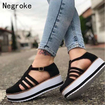 

New Women Sandals Buckle Strap Flock Summer Shoes Chaussures Femme Flat Platform Sandalias Plus Size Shoes 2020 Hot Sale
