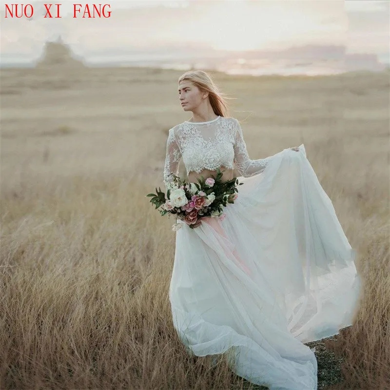 NUOXIFANG Two-pieces Lace Wedding Dresses 2020 Long Sleeves Bride Dress Informal Romantic New-arrival Hot Sale Vestido De Noiva