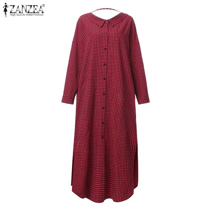 ZANZEA, Модный женский длинный кардиган в клетку, для офиса, леди, хлопок, лен, рубашка в клетку, блузка, повседневная, на пуговицах, туника, топы, блузы