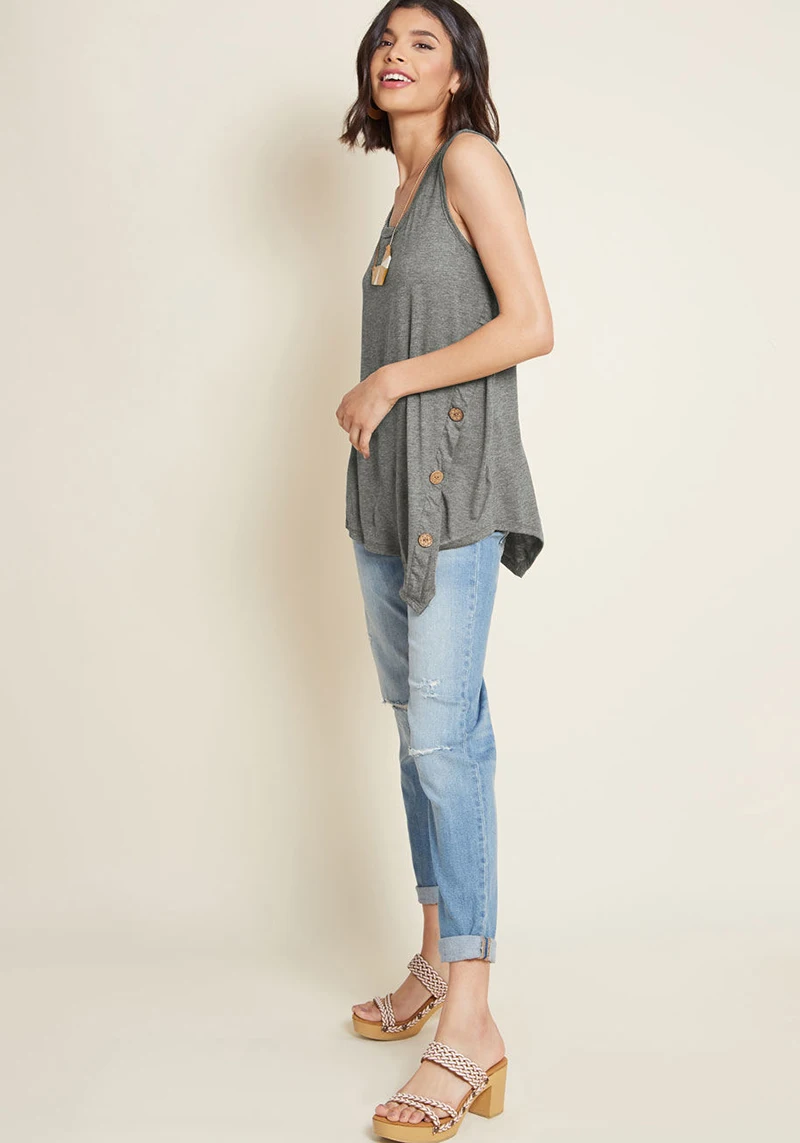 Women O Neck Sleeveless Asymmetric Hem Button Decor Vest Tops for Summer J55