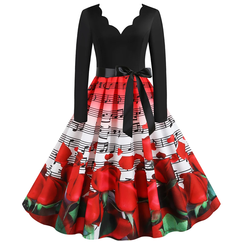 christmas print stitching long sleeves and large dresses