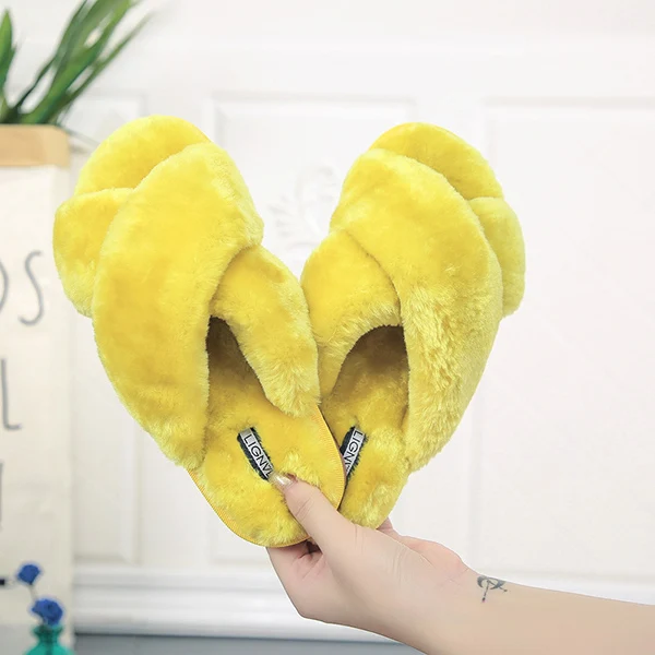 Women Slippers Indoor Shoes Winter Soft Home Slippers Plush Warm Non-slip Fur Shoes Flat Casual Female - Цвет: Yellow Slippers