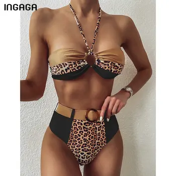 

INGAGA High Waist Bikinis Swimsuits Push Up Swimwear Women 2020 Leopard Bandeau Bathing Suit Women Sexy String Halter Biquini