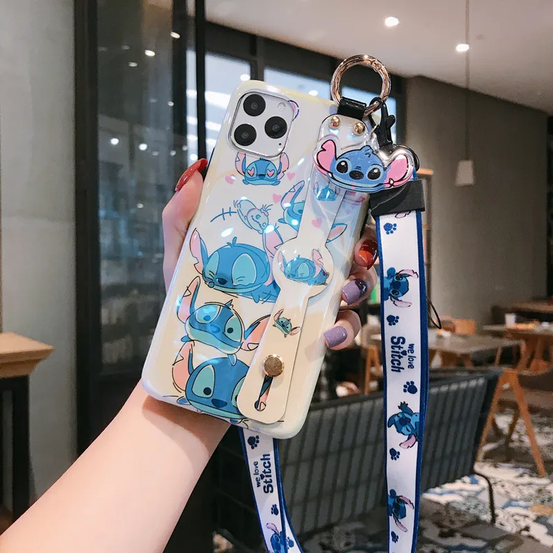 Для iphone 11 pro Max милый стежок на запястье мягкий чехол для телефона iphone 11 8plus 7P 6S 6p XR XS Max чехол синий луч+ ремешок