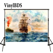 VinylBDS Kids Pirate Ship Theme Background Scene Sea Watercolor Backdrops Children Party Decoration Newborn Photo for Studio