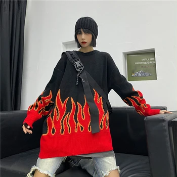 

Winter Korean Style Loose Flame Sweater Loose Couple Print Pullover Casual Sweaters Women Long Kint Oversized Jumpers