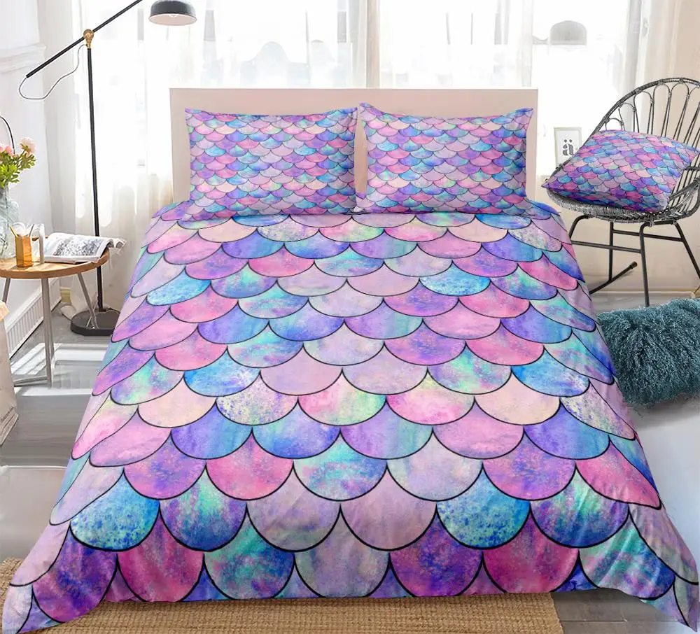 DECMAY Purple Blue Mermaid Fish Scale Comforter Set 3D Sparkly Gold line Bedding Very Soft Breathable 3 Pieces Box Stitched Durable Quilt Set for Girls Woman Children and Adults,Twin Size