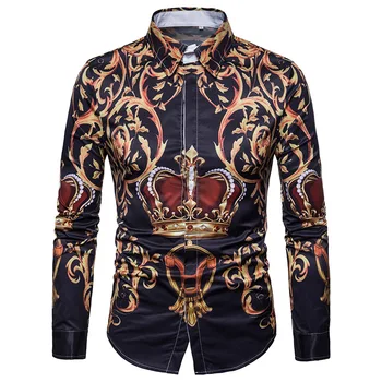 

Mens Retro Shirt Male Fancy Summer Spring Shirt Luxury Royal Palace Baroque Crown Print Slim Casual Fit Office Camisas De Hombre