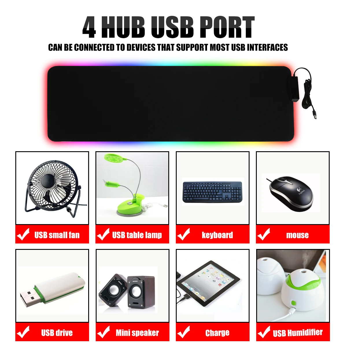 LED Gaming Mouse Pad RGB With 4 HUB USB Ports Large Gamer Mouse Pads Non-slip Desk Mat 800X300X3mm