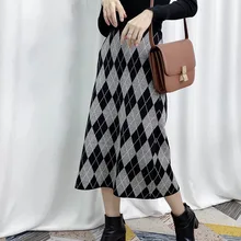 Новинка, эластичная талия, средняя длина, контрастная трикотажная юбка с ромбовидным принтом, бюст