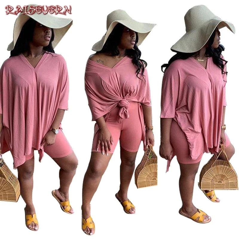 

RAISEVERN Solid Casual 2 Pieces Outfits Summer Womens Tracksuit Short Top+Biker Shorts Sweat Suits Two Piece Matching Sets 2019