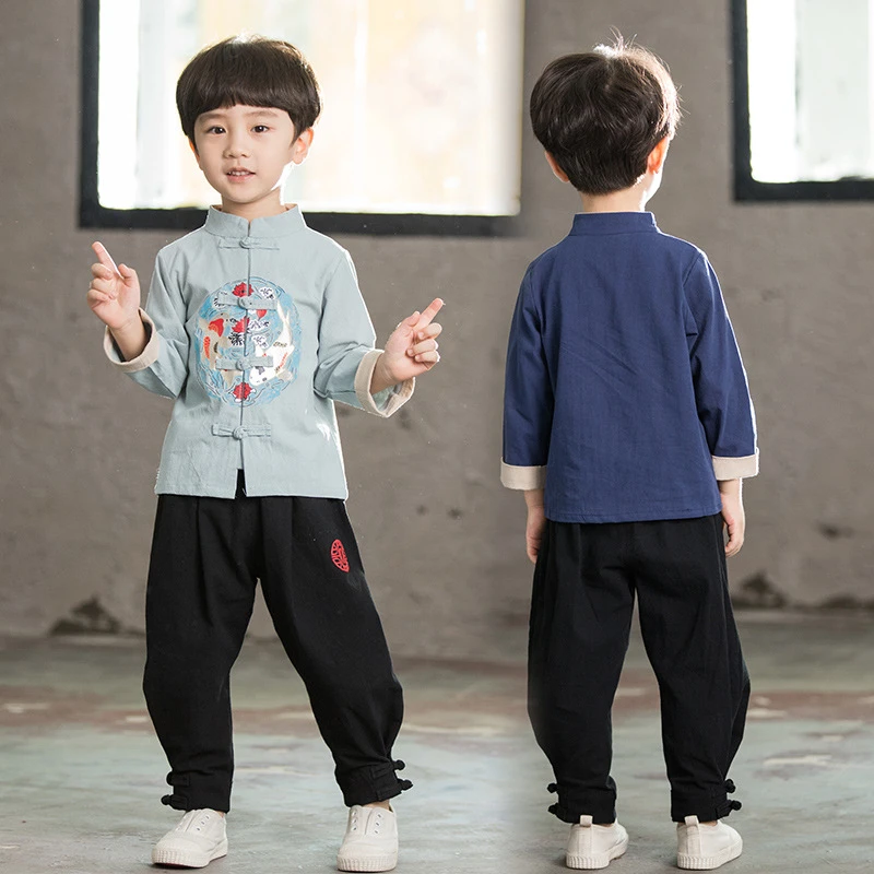 2Pcs Boy Chinese Traditional Clothing for Kids New Year Costumes Tang Suit Hanfu Children Cosplay Spring Festival Top + Pants Sets chinese dress