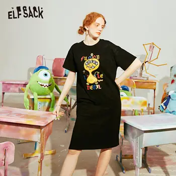 

ELFSACK Black Monster Print Contrast Lace Casual Dress Women 2020 ELF Summer Split Side A Line Ladies Korean Daily Dresses