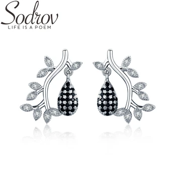

SODROV Trendy 925 Sterling Silver Jewelry Black Spinel Engagement Stud Earrings for Women Flower Bijoux I012