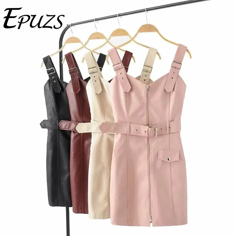 

Summer dress 2019 sexy belt wihte Black PU leather dress women zipper backless office mini dress casual korean vestidos