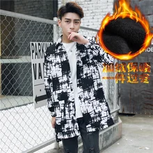 Зимняя плюс бархатная Толстая ветровка мужская теплая Модная печать повседневное длинное пальто Мужская куртка в уличном стиле пальто мужская одежда