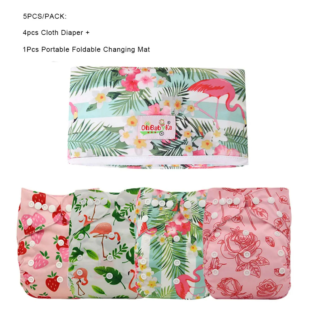 Foldable Portable Baby Nappy Changing Pad Reusable Baby Pocket Diapers 4pcs+1pc Washable Baby Cloth Diapers Mat