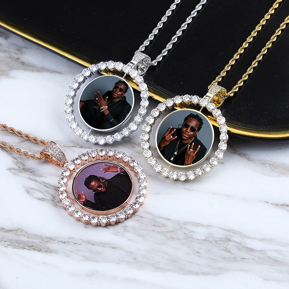 TOPGRILLZ Custom Made Photo Rotating Double-sided Medallions Pendant Necklace With 4mm Tennis Chain Zircon Men's Hip Hop Jewelry
