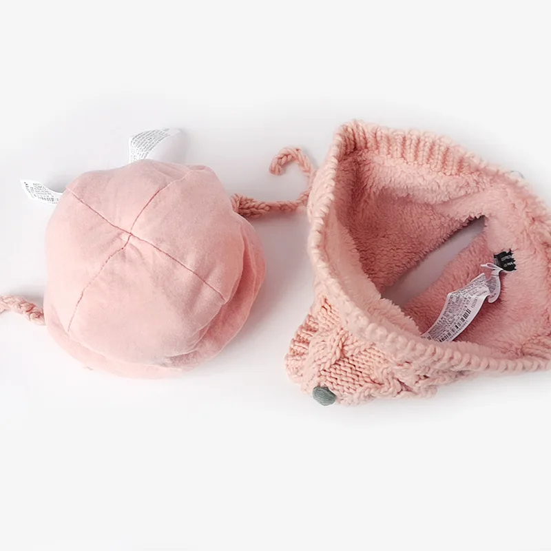 Осень-зима, новая маленькая круглая двухслойная детская шапка, детская шапка, вязаная шапка для маленьких мальчиков и девочек, комплект с шарфом, белая шапка розового цвета