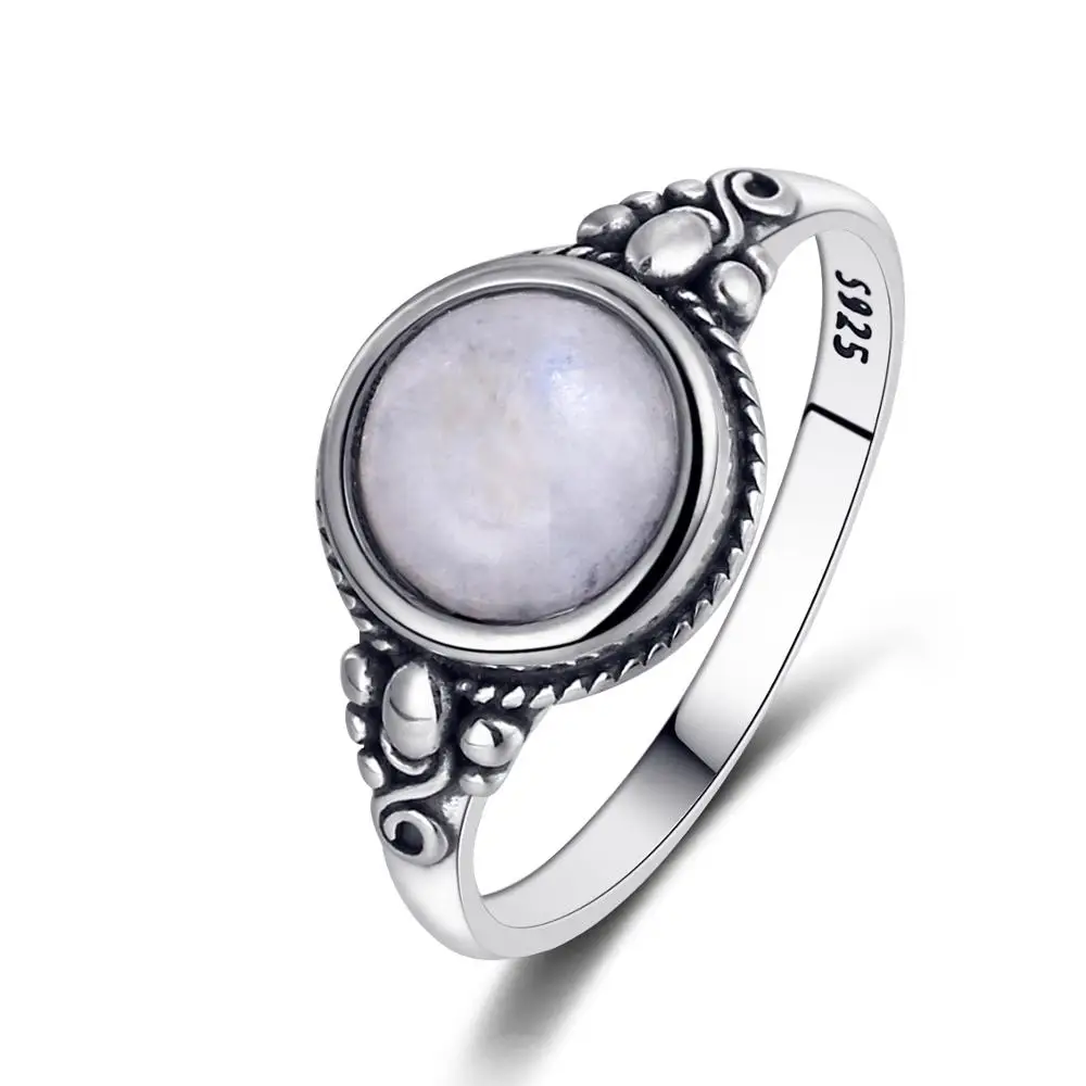 Мужское и женское кольцо из стерлингового серебра 925 пробы, Круглый 8 мм натуральный лунный камень, кольцо в богемном стиле, помолвка Свадебная вечеринка, подарок