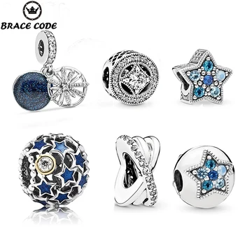

BRACE CODE 2Pcs/lot Classic Blue Star Moon Charm Bead Pendant Fit Original Brand Gift Bracelet Jewelry
