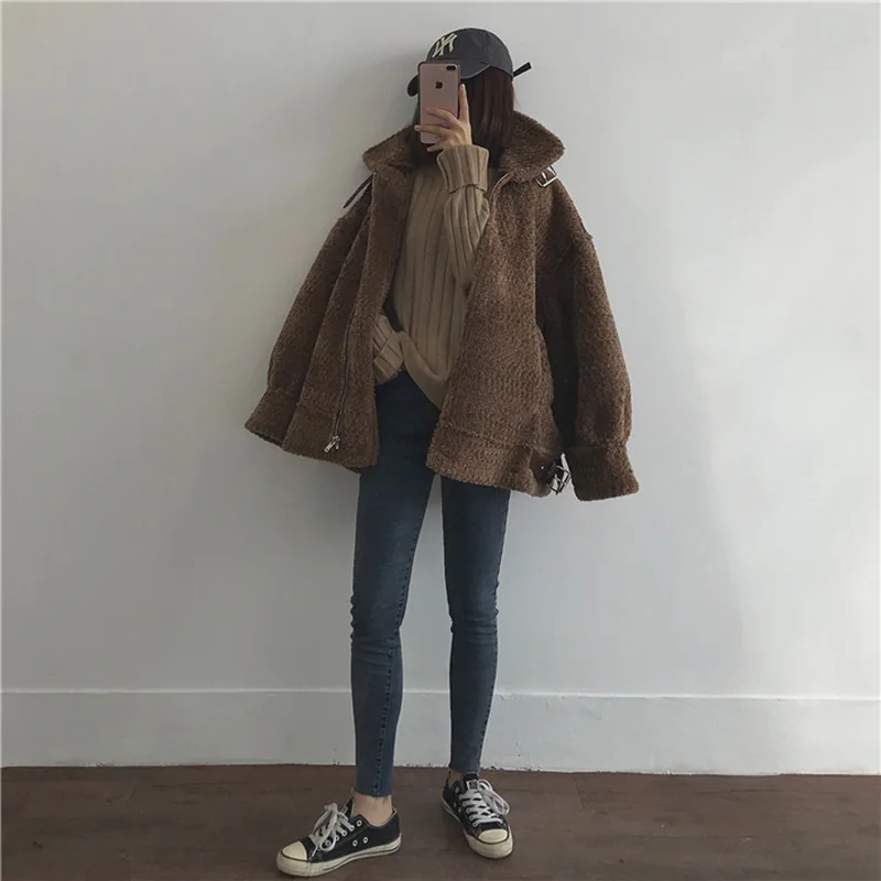 

Stand Collar Fur Thick Suede Loose-Fit Long Sleeve WOMEN'S Jacket Winter New Style Solid Color Baseball Uniform