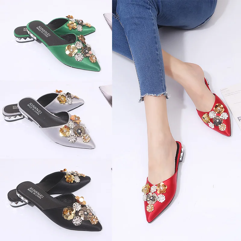 

2018 Summer New Style Pointed Shallow Mouth Flat Breathable Solid Color Europe And America Fashion Sequin Semi-Sandals Women's F