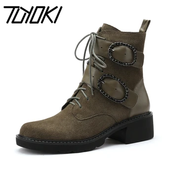 

Tuyoki Women Ankle Boots Real Leather Buckle Square Heel Women Short Boots Fashion Winter Shoes Women Footwear Size 34-39