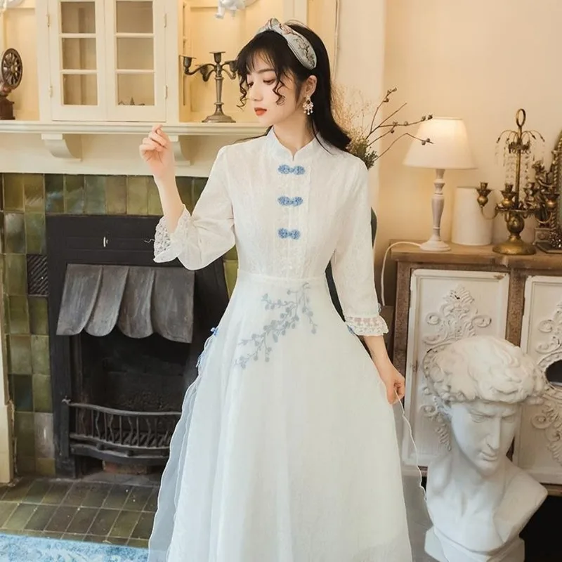 

QWEEK Chinese Fashion Cheongsam Sweet Dress Floral Embroidery Elegant Women French Vintage Lace-up Maxi Dress Temperament